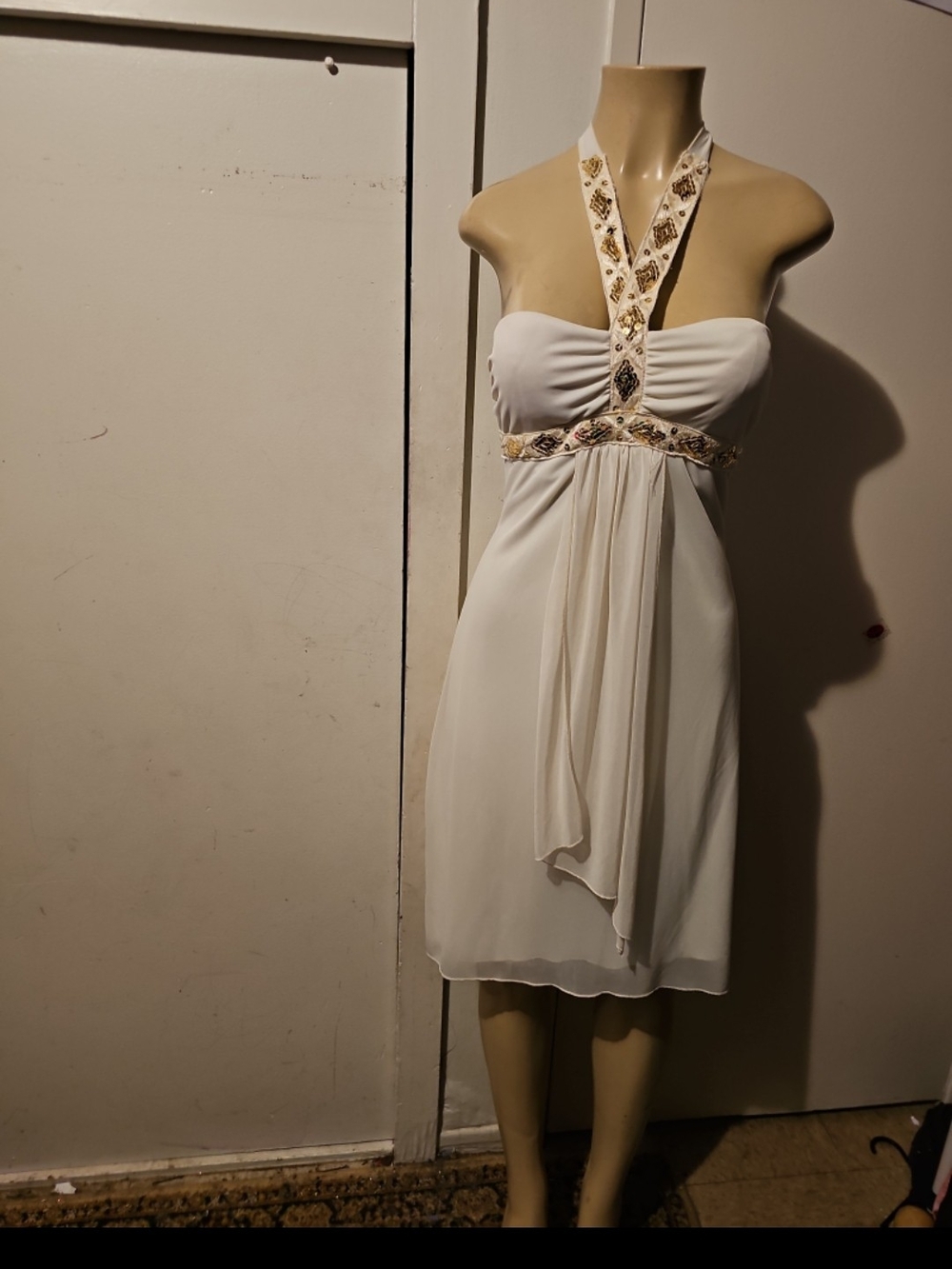 A. Byer White Strapless Halter Dress with Gold Embellishment